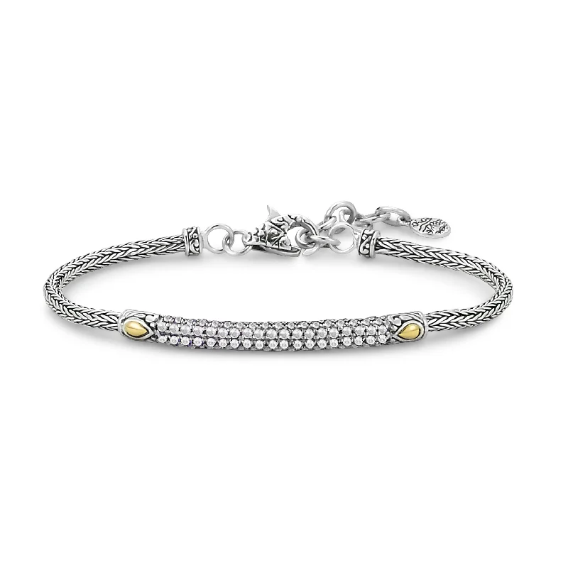 Women’s vintage bangles-Sterling Silver & 18K Yellow Gold White Topaz Cluster Bar Bracelet by Samuel B.