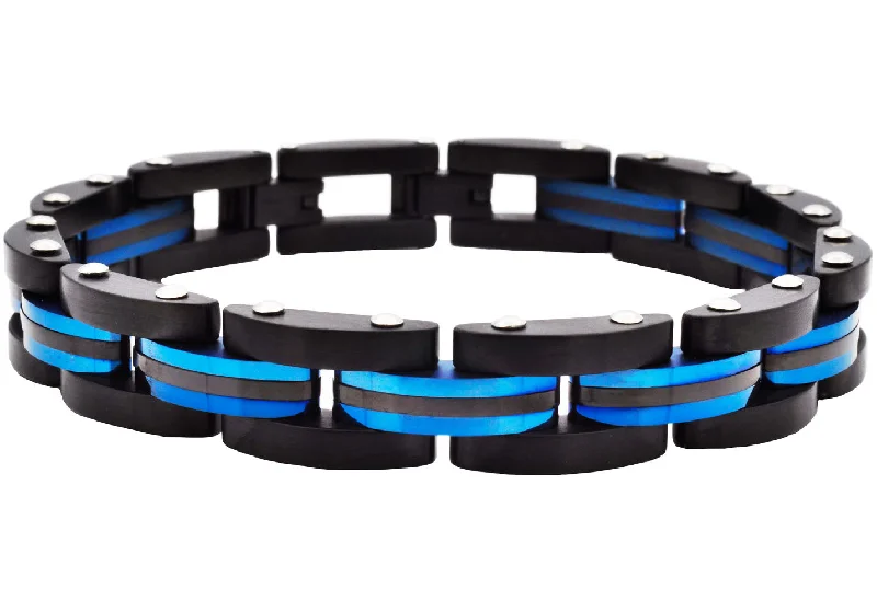 Women’s gold bangles-Mens Two Toned Striped Black and Blue Stainless Steel Bracelet