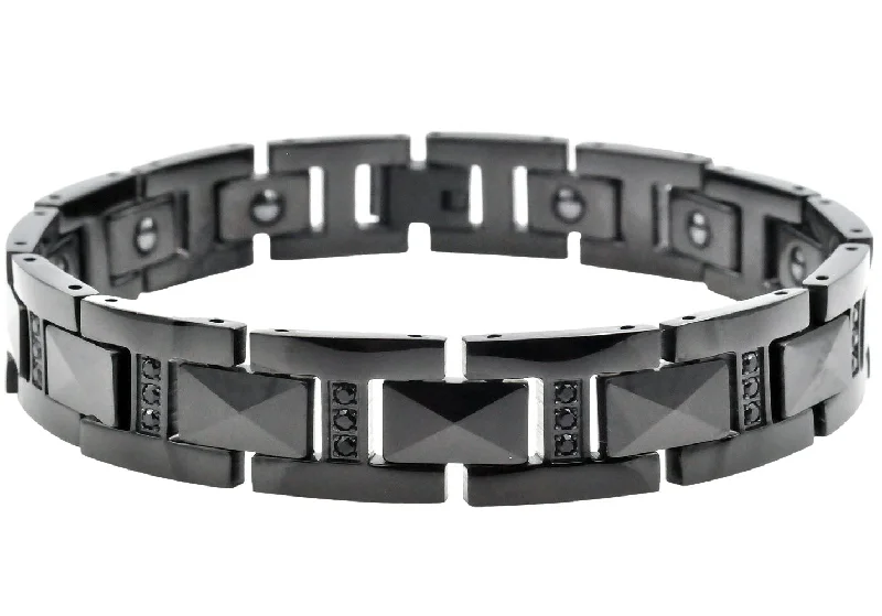 Women’s infinity bracelets-Mens Black Tungsten Link Bracelet With Black Cubic Zirconia