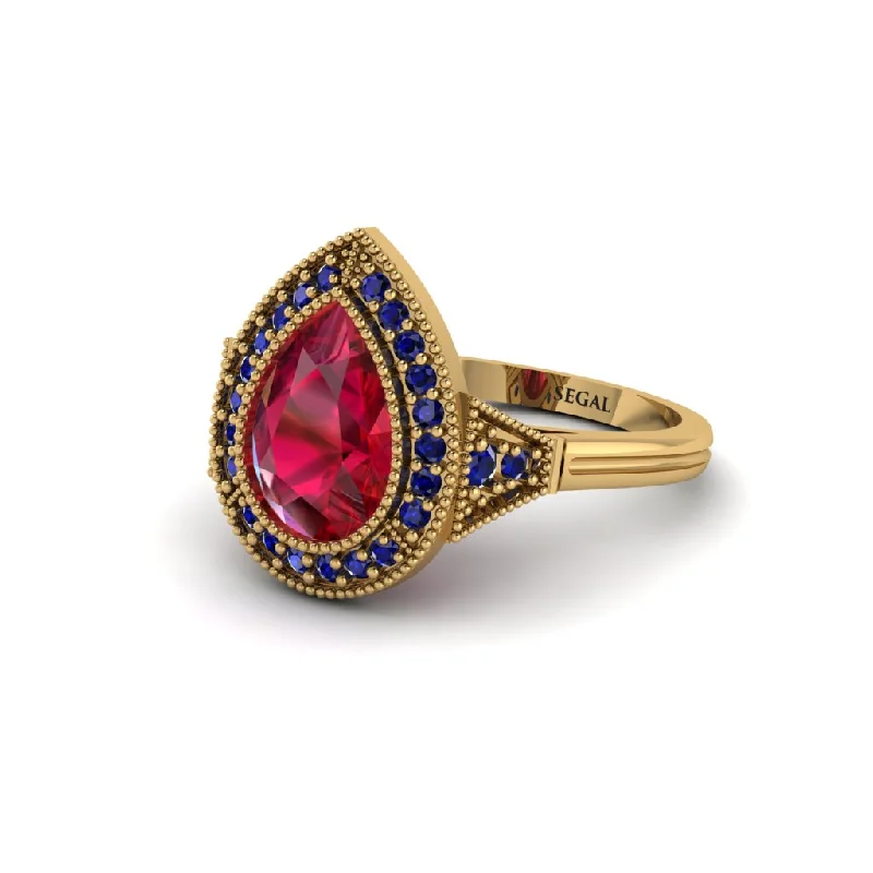 Women’s oval engagement rings-Pear Cut Ruby Milgrain Halo Engagement Ring - Daleyza No. 70