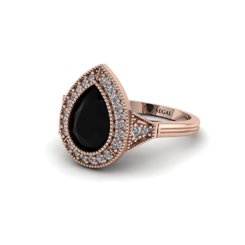 Women’s engagement rings with artistic design-Pear Cut Black Diamond Milgrain Halo Engagement Ring - Daleyza No. 8