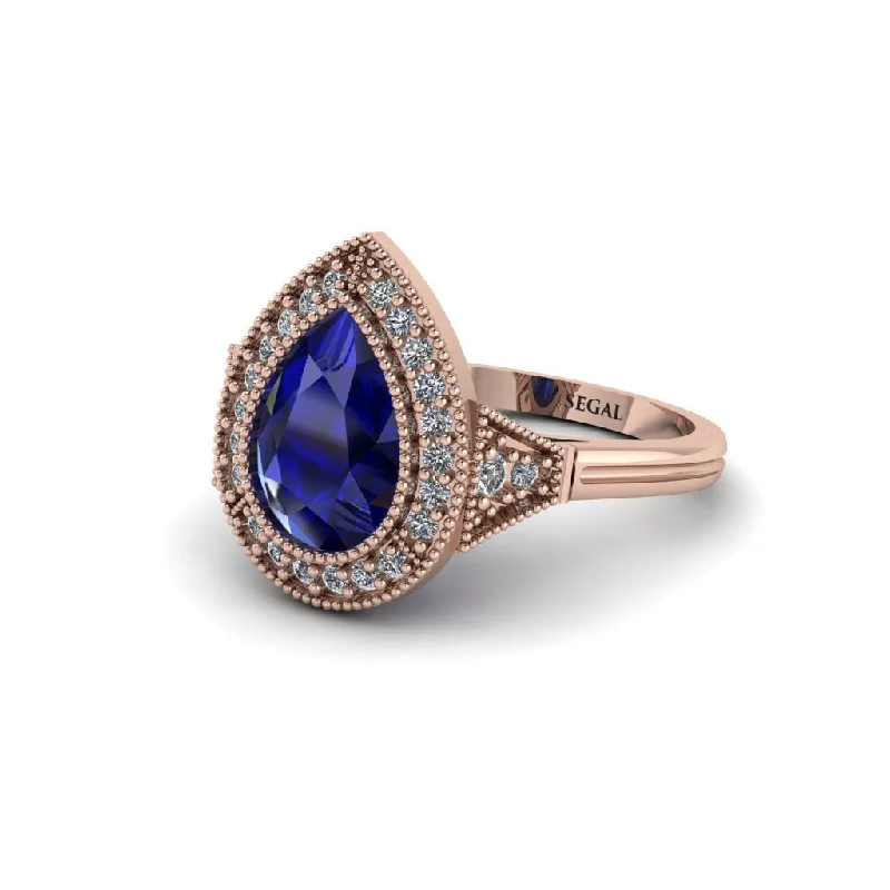 Women’s solitaire engagement rings-Pear Cut Sapphire Milgrain Halo Engagement Ring - Daleyza No. 14