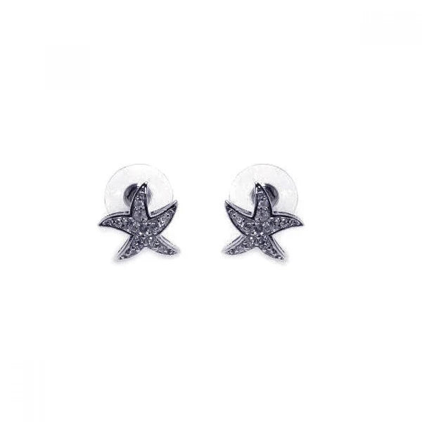 Women’s birthstone earrings-Silver 925 Rhodium Plated Clear Wavy Starfish CZ Stud Earrings