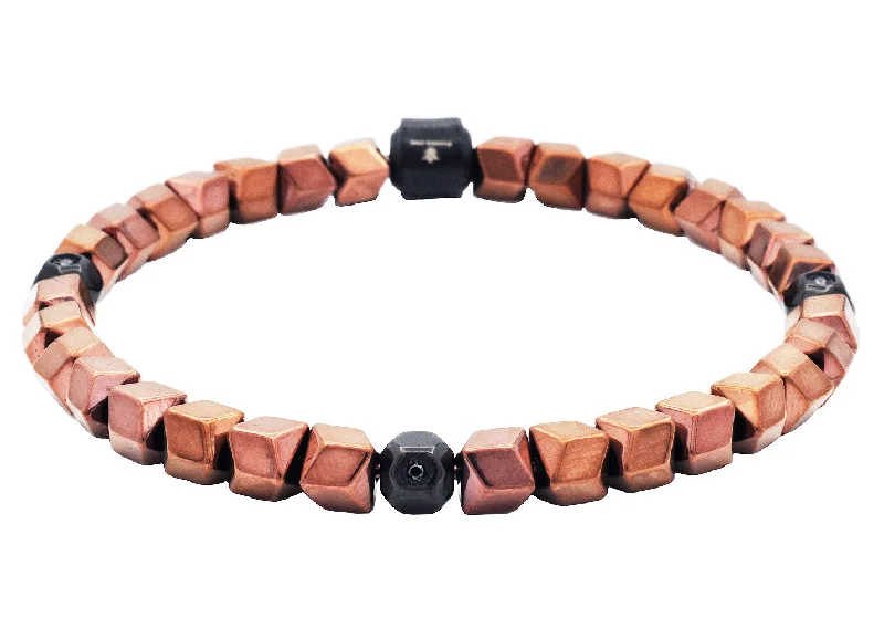 Women’s multi-color bracelets-Mens Chocolate Bead Stainless Steel Bracelet with Black Cubic Zirconia