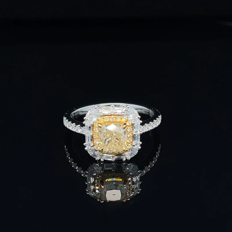 Women’s engagement rings with diamond cluster-Fancy Yellow & White Diamond 1.79ctw Cushion Baguette Engagement Ring in 18k Two- Tone Gold - #414 - RGDIA668978