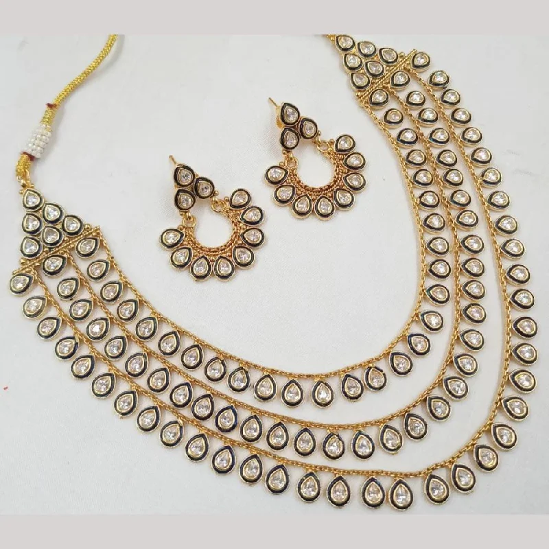 Women’s minimalist necklaces-FS Collection Gold Plated Crystal Stone Multi Layer Meenakari Necklace Set