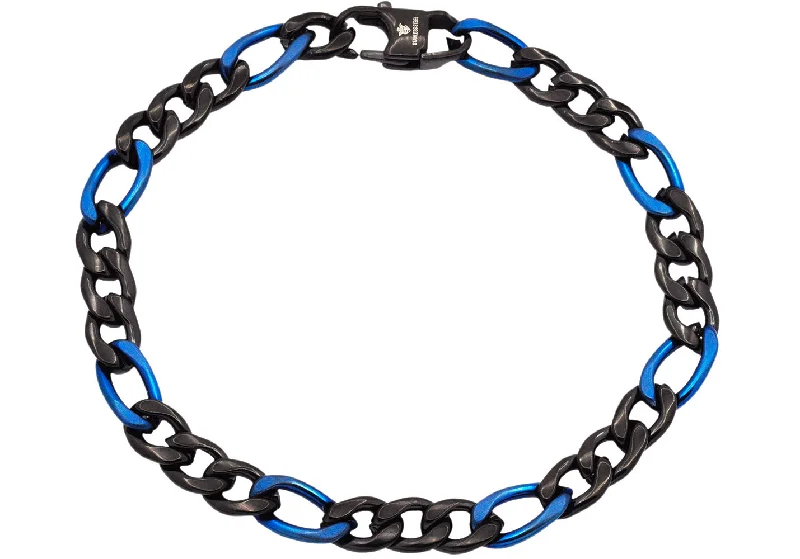 Women’s elegant bangles-Mens Two-Toned Blue & Black Stainless Steel Figaro Link Chain Bracelet