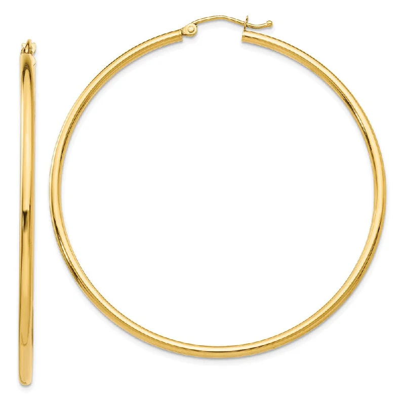 Women’s large hoop earrings-2mm, 14k Yellow Gold Classic Round Hoop Earrings, 55mm (2 1/8 Inch)