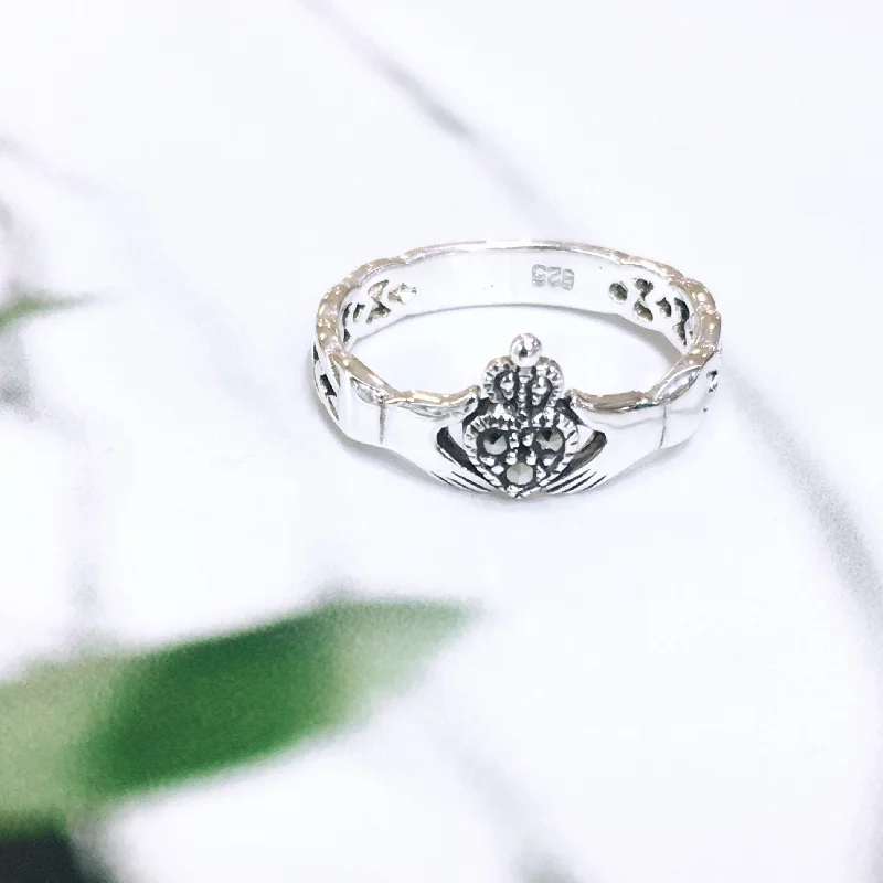 Women’s rose gold rings-Sterling Silver Claddagh with Knotwork and Marcasite