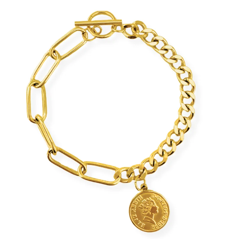 Women’s gold plated bangles-Multi Chain Toggle Coin Bracelet