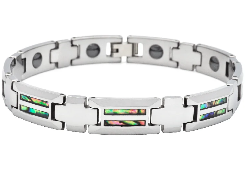 Women’s personalized bangles-Mens Tungsten Link Bracelet With Genuine Opal Inlay