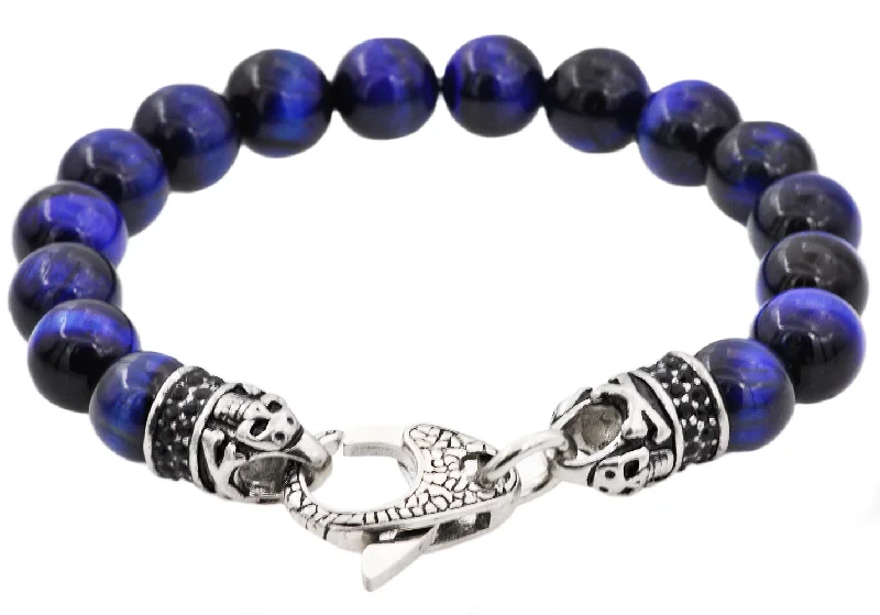 Women’s casual bracelets-Mens Genuine Blue Tiger Eye Stainless Steel Beaded Bracelet With Black Cubic Zirconia