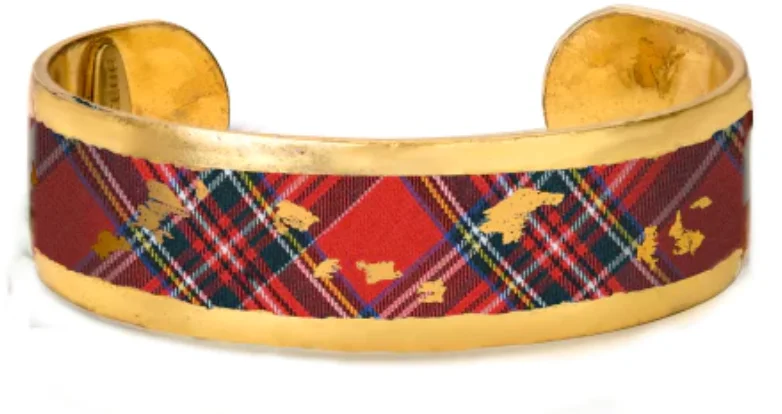 Women’s bracelet sets-22K Gold Leaf Winter Plaid Cuff Bracelet by Evocateur