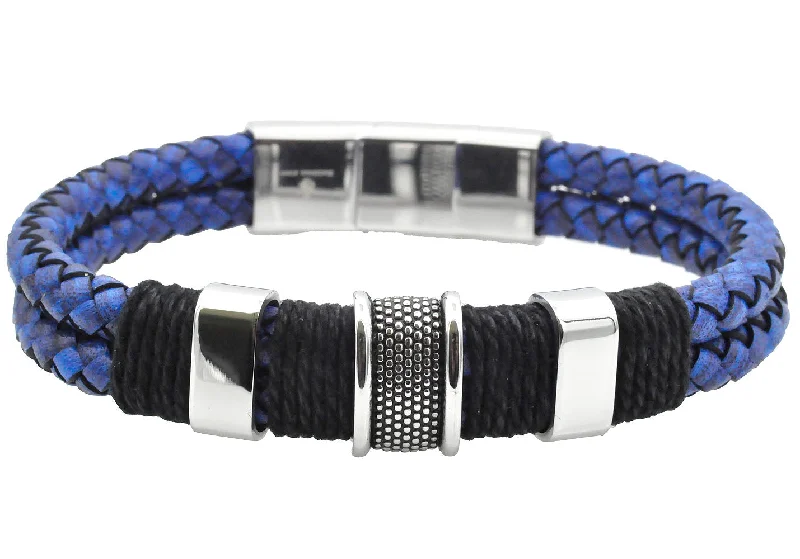 Women’s trendy bangles-Mens Double Strand Genuine Blue Distressed Leather Stainless Steel Bracelet