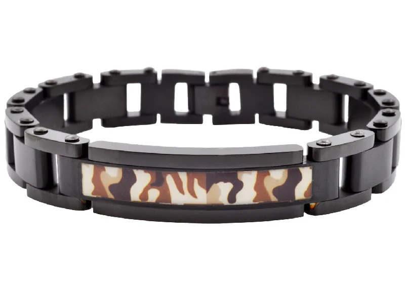 Women’s wide bangles-Mens Black Stainless Steel Brown Camo ID Bracelet