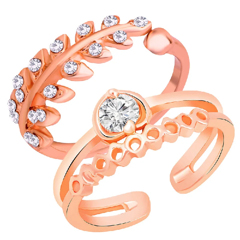 Women’s sparkling engagement rings-Mahi Rose Gold Plated Combo of Dual Band and Leaves Shaped Adjustable Finger Ring Cubic Zirconia for Women (CO1105447Z)