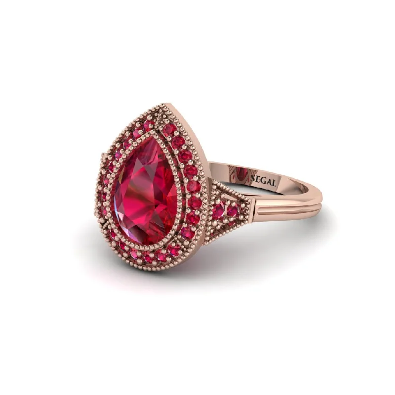 Women’s engagement rings with pave diamonds-Pear Cut Ruby Milgrain Halo Engagement Ring - Daleyza No. 56