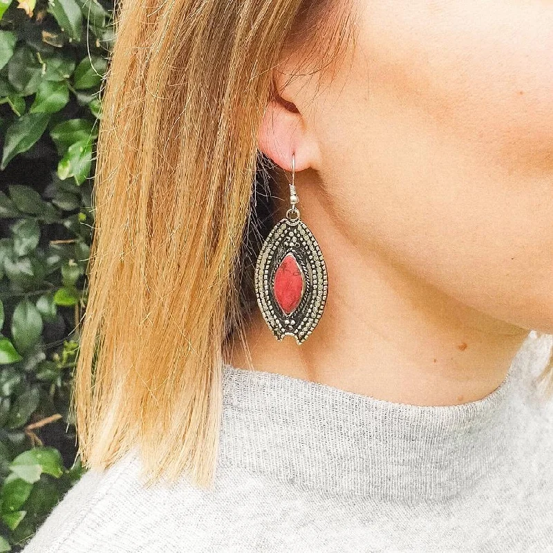 Women’s oval earrings-Tribal Drop Earrings - Red Stone