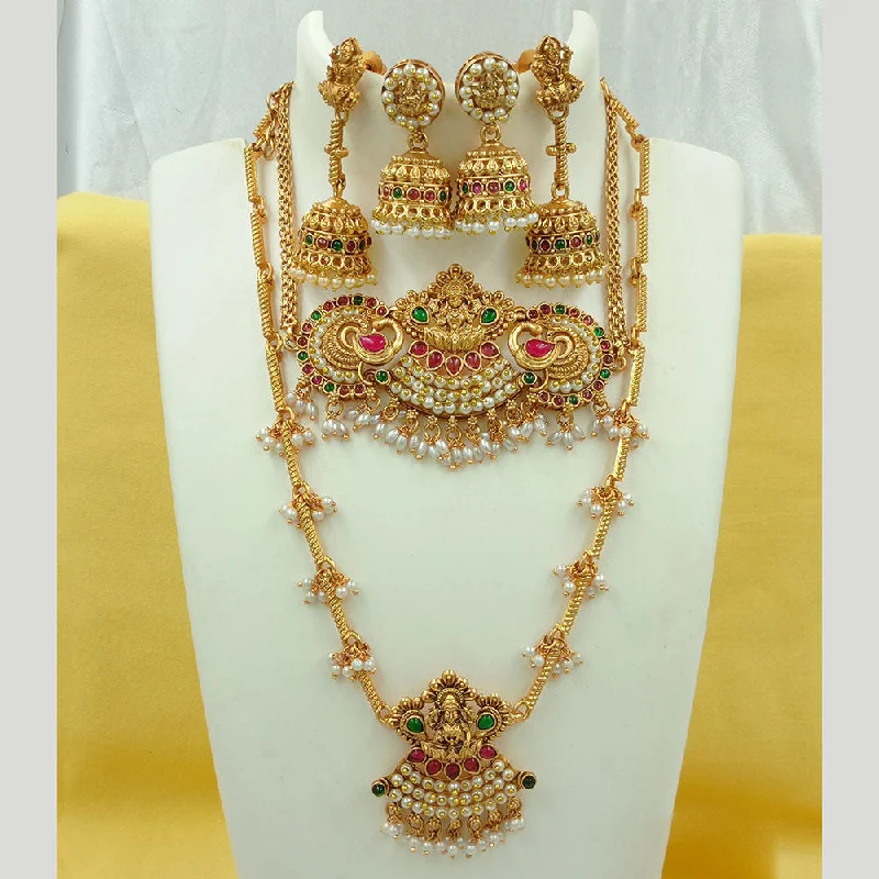 Women’s vintage necklaces-Joyful Jewel Art Matte Gold Plated Kundan Stone And Temple Double Necklace Set