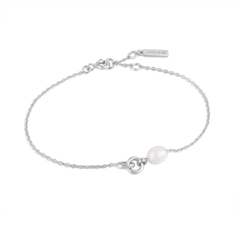 Women’s silver bracelets-Sterling Silver Pearl Interlocking Link Bracelet by Ania Haie