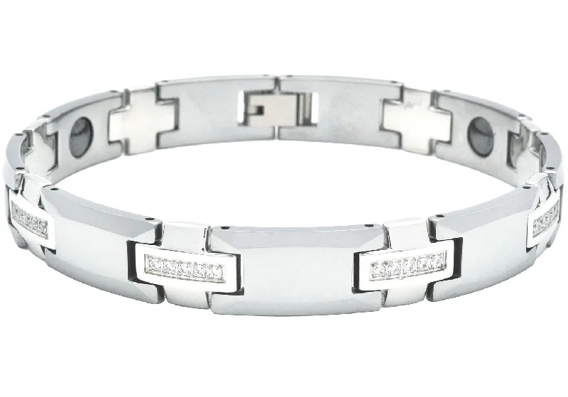 Women’s unique bangles-Mens Tungsten Link Bracelet With Cubic Zirconia