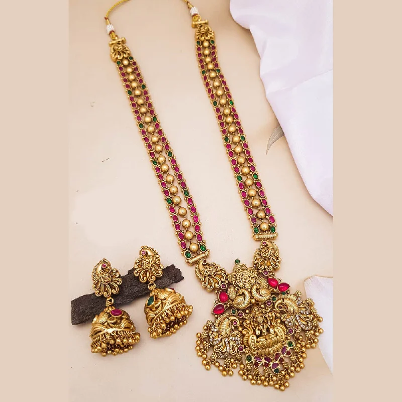 Women’s flower necklaces-Sangita Creation  Copper Gold  Pota Stone Temple Long  Necklace Set