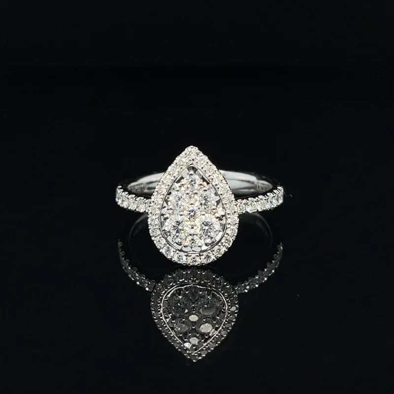 Women’s engagement rings with filigree-Diamond Pear Illusion Halo Cluster Engagement Ring in 18k White Gold - #539 - HRDIA003942