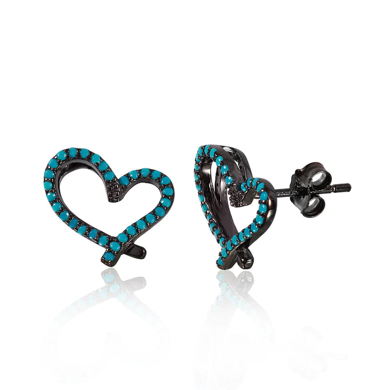 Women’s geometric stud earrings-Silver 925 Black Rhodium Plated Open Heart Stud Earrings With turquoise Stone