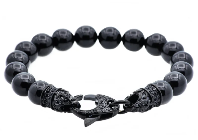 Women’s festive bangles-Mens Genuine Onyx Black Stainless Steel Beaded Bracelet With Black Cubic Zirconia