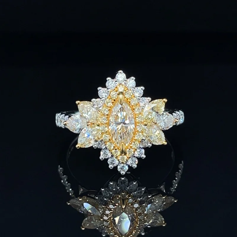 Women’s marquise engagement rings-Fancy Yellow & White Diamond Marquise Double Decker Halo Cluster Engagement Ring in 18k Two-Tone Gold - #552- RGDIA670622