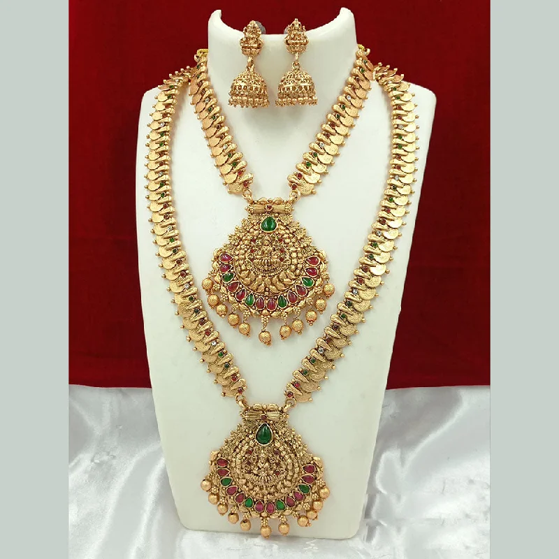 Women’s sapphire necklaces-Joyful Jewel Art Matte Gold Plated Kundan Stone And Temple Double Necklace Set