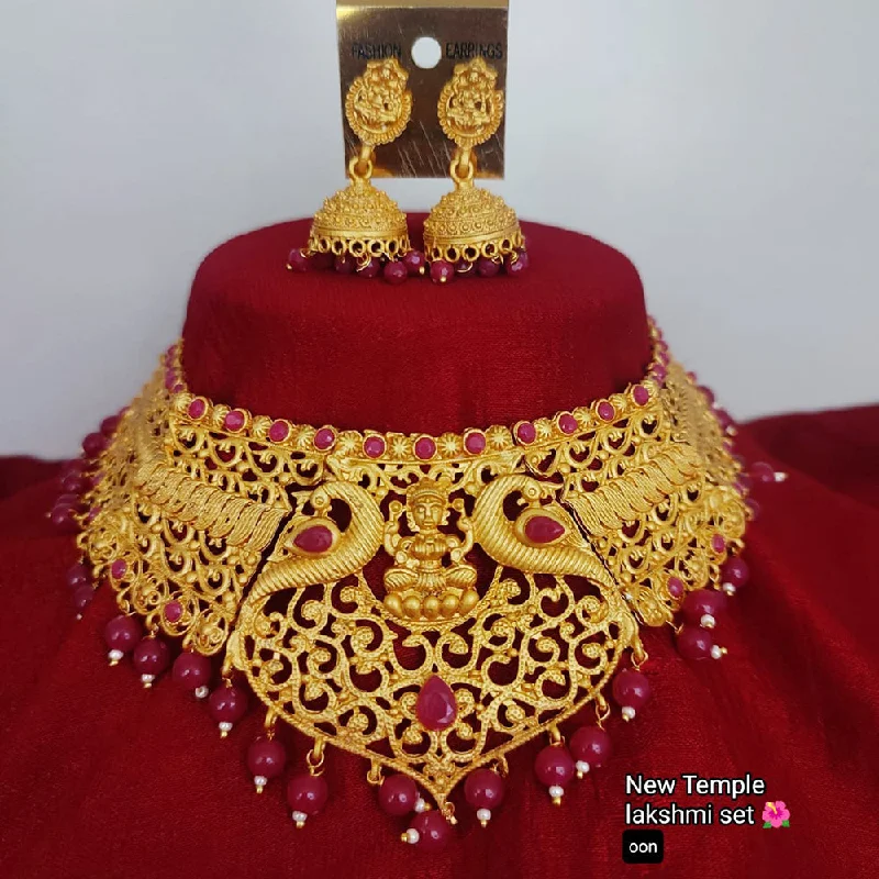 Women’s high-end necklaces-Lucentarts Jewellery Gold Plated Temple Necklace Set