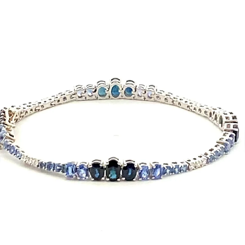 Women’s gemstone bracelets-14K White Gold 10.26ctw Oval Blue Sapphire & Diamond Graduated Tennis Bracelet by Bellarri