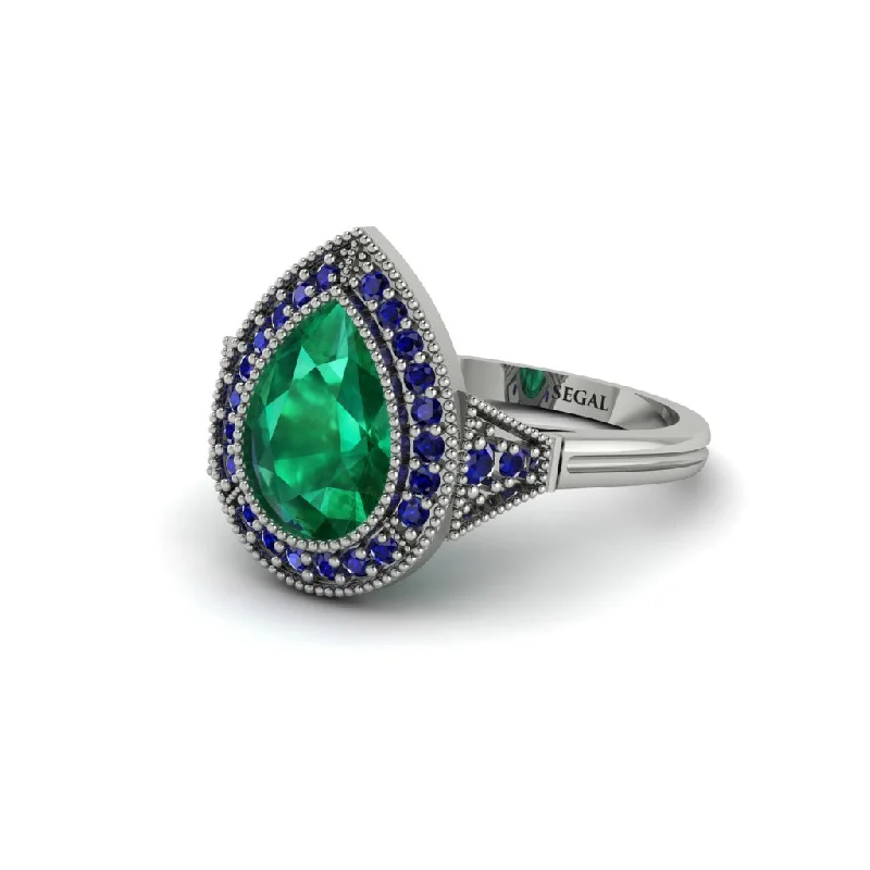 Women’s engagement rings with special engraving-Pear Cut Emerald Milgrain Halo Engagement Ring - Daleyza No. 66