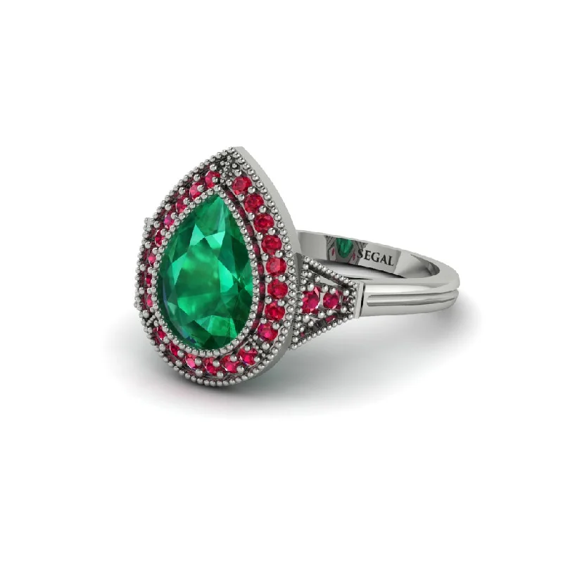 Women’s oval engagement rings-Pear Cut Emerald Milgrain Halo Engagement Ring - Daleyza No. 51