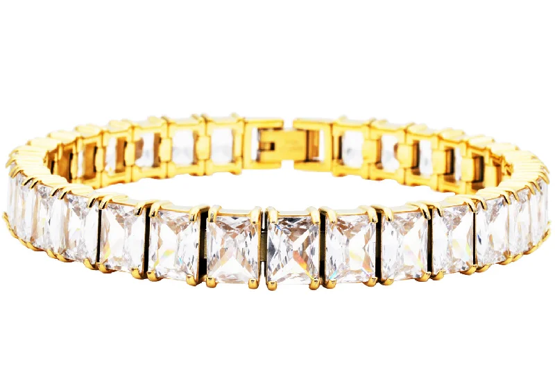 Women’s tennis bracelets-Mens Gold Stainless Steel Tennis Bracelet with Cubic Zirconia