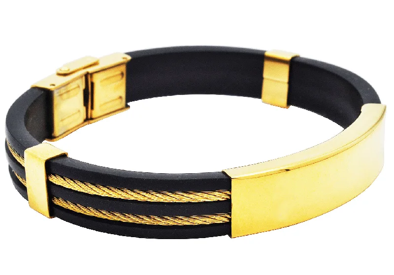 Women’s wooden bracelets-Mens Black Silicone Gold Stainless Steel Wire Bangle  ID Bracelet