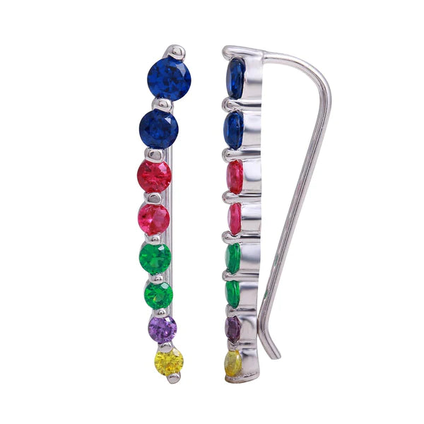 Women’s cute earrings-Sterling Silver 925 Rhodium Plated Round Multi-Colored CZ Stone Climbing Earrings