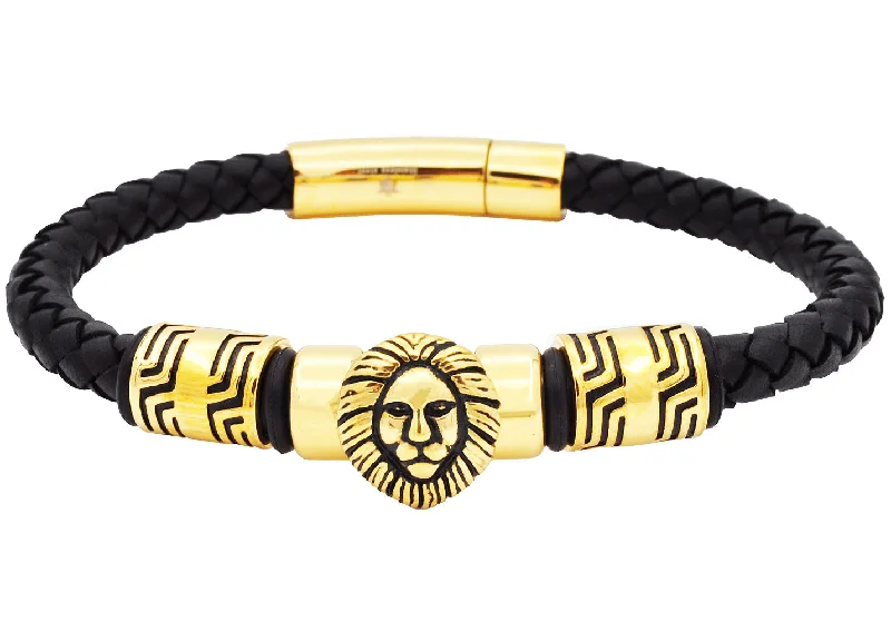 Women’s chic leather bangles-Mens Lion's Head Black Leather Gold Stainless Steel Bracelet