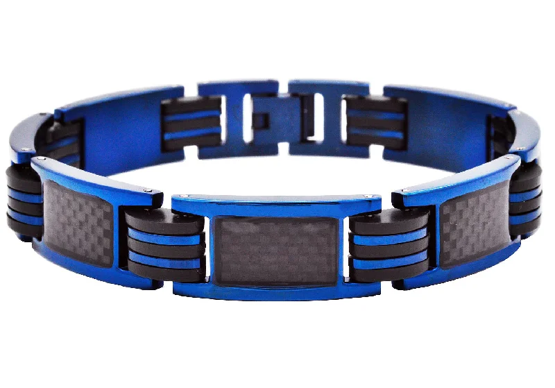 Women’s festive bangles-Men's Blue Stainless Steel & Silicone Bracelet With Black Carbon Fiber