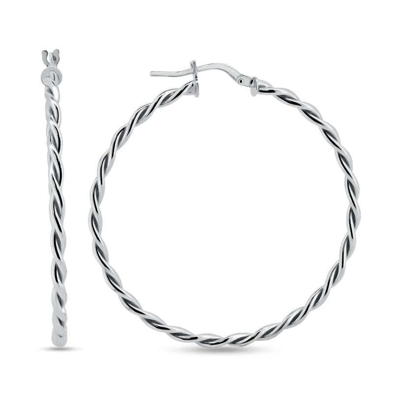 Women’s crystal hoop earrings-Silver 925 Rhodium Plated Silver Twisted Hoop Earrings