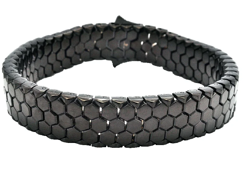 Women’s gemstone bracelets-Mens Honey Comb Texture Black Plated Stainless Steel Bracelet