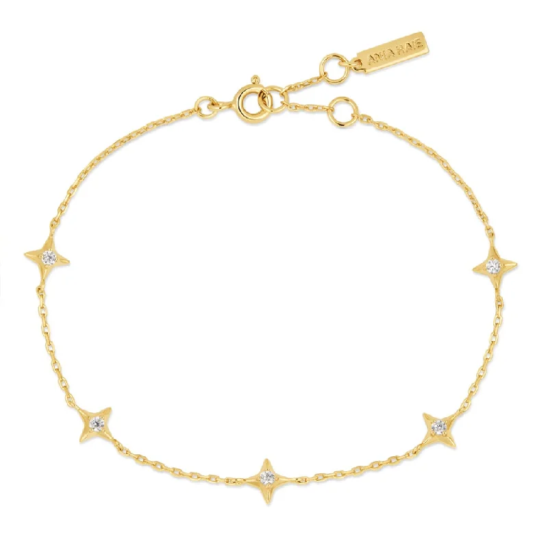 Women’s sterling silver bangles-Sterling Silver & 14K Yellow Gold Plated Cubic Zirconia Star Station Bracelet by Ania Haie