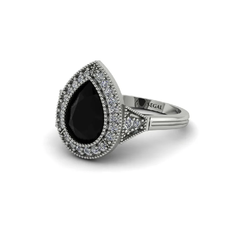 Women’s engagement rings with floral halo-Pear Cut Black Diamond Milgrain Halo Engagement Ring - Daleyza No. 9