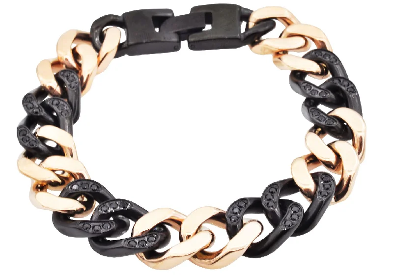 Women’s infinity bracelets-Mens Black And Rose Gold Stainless Steel Curb Link Chain Bracelet With Cubic Zirconia