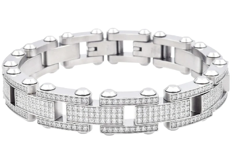 Women’s designer bangles-Mens Stainless Steel Link Bracelet With Cubic Zirconia