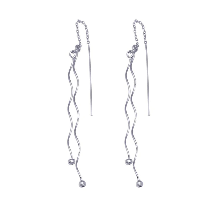 Women’s gold earrings-Silver 925 Rhodium Plated Two Twisted Wire Threaded Hanging Ball Hook Earrings