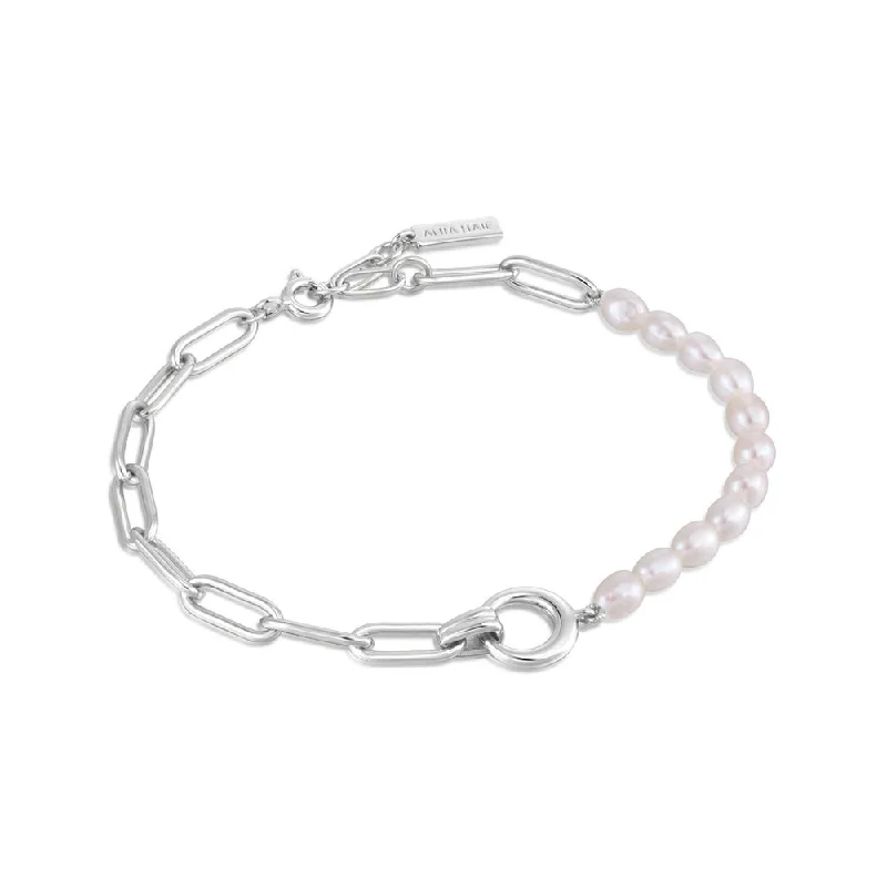 Women’s square bangles-Sterling Silver Freshwater Pearl & Paperclilp Chain Bracelet by Ania Hiae