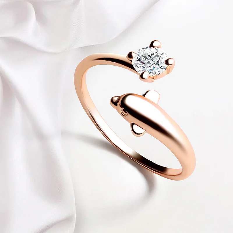 Women’s bridal set rings-Mahi Rose Gold Plated Dolphin Shaped Adjustable Finger Ring with Cubic Zirconia for Women (FR1103167ZWhi)