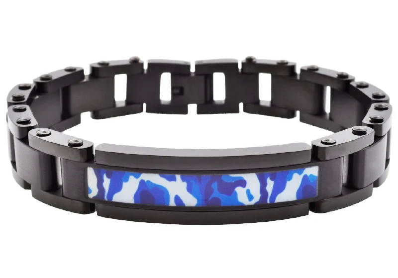 Women’s anniversary bracelets-Mens Black Stainless Steel Blue Camo ID Link Bracelet